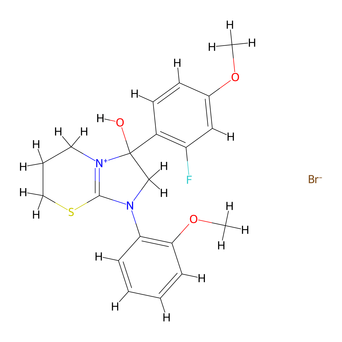 3-(2-fluoro-4-methoxyphenyl)-3-hydroxy-1-(2-methoxyphenyl)-2H,3H,5H,6H,7H-1lambda5-imidazo[2,1-b][1,3]thiazin-1-ylium bromide molecular structure, CAS 1101776-09-3