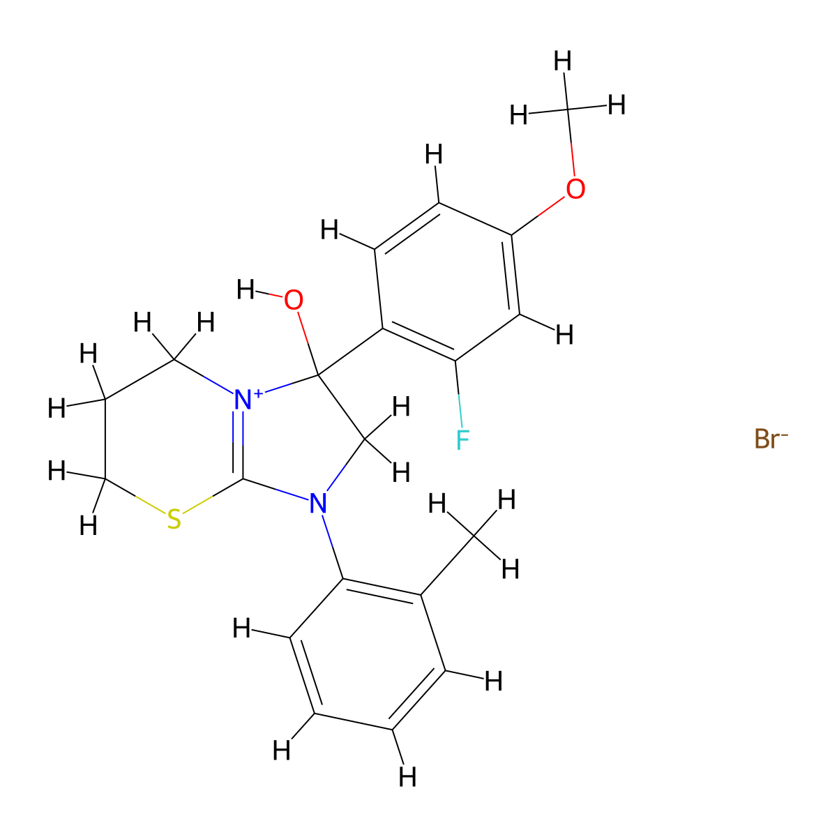 3-(2-fluoro-4-methoxyphenyl)-3-hydroxy-1-(o-tolyl)-3,5,6,7-tetrahydro-2H-imidazo[2,1-b][1,3]thiazin-1-ium bromide molecular structure, CAS 1101794-57-3