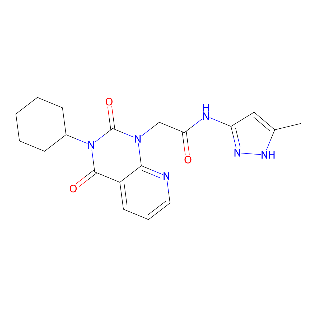 2-{3-cyclohexyl-2,4-dioxo-1H,2H,3H,4H-pyrido[2,3-d]pyrimidin-1-yl}-N-(3-methyl-1H-pyrazol-5-yl)acetamide molecular structure, CAS 1101851-82-4