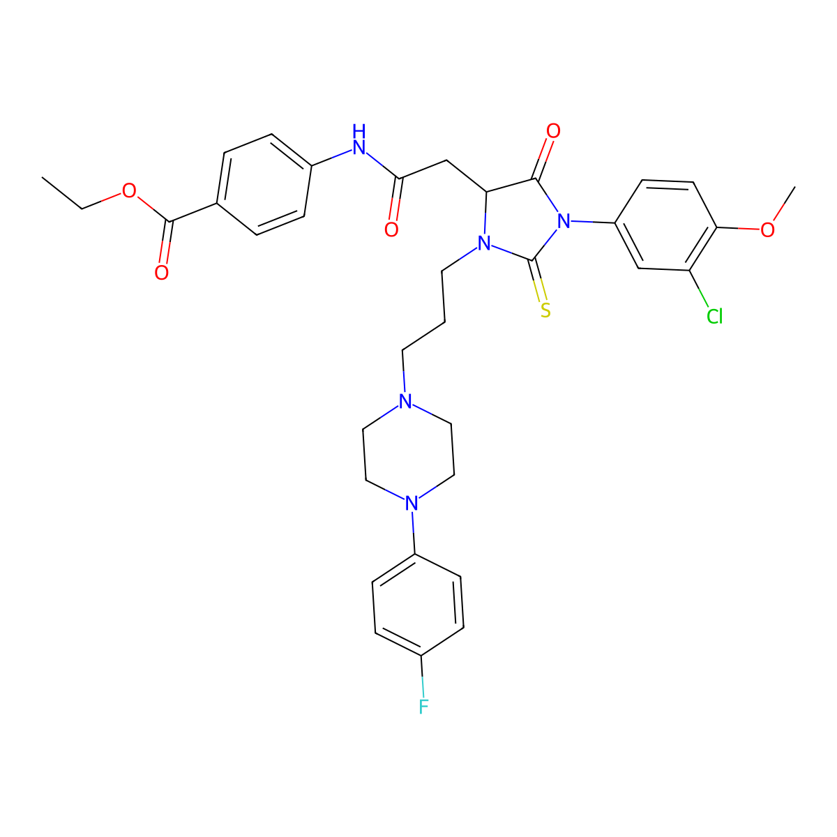 Ethyl 4-{[(1-(3-chloro-4-methoxyphenyl)-3-{3-[4-(4-fluorophenyl)piperazin-1-yl]propyl}-5-oxo-2-thioxoimidazolidin-4-yl)acetyl]amino}benzoate molecular structure, CAS 1101864-04-3