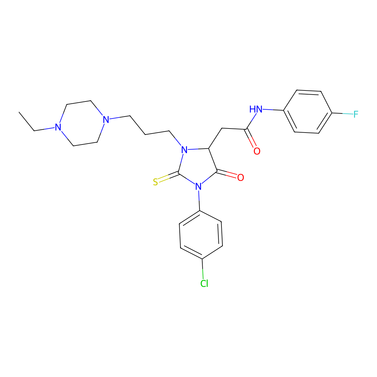 1-(4-Chlorophenyl)-3-[3-(4-ethyl-1-piperazinyl)propyl]-N-(4-fluorophenyl)-5-oxo-2-thioxo-4-imidazolidineacetamide molecular structure, CAS 1101864-56-5