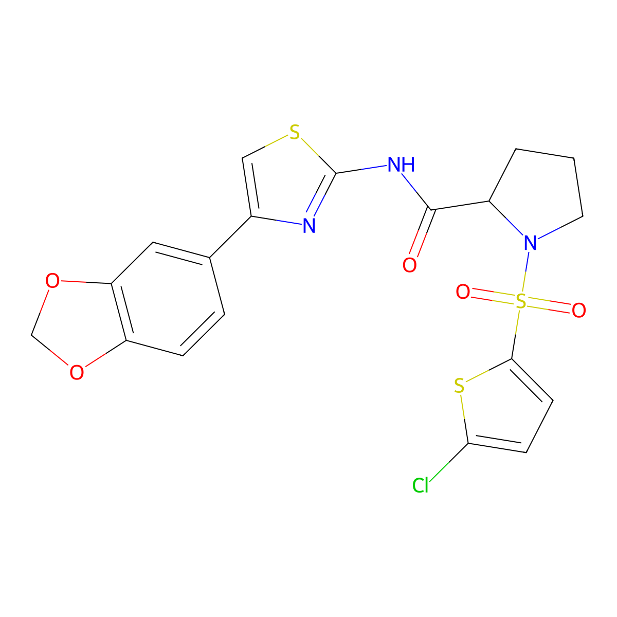 N-(4-(benzo[d][1,3]dioxol-5-yl)thiazol-2-yl)-1-((5-chlorothiophen-2-yl)sulfonyl)pyrrolidine-2-carboxamide molecular structure, CAS 1101878-92-5