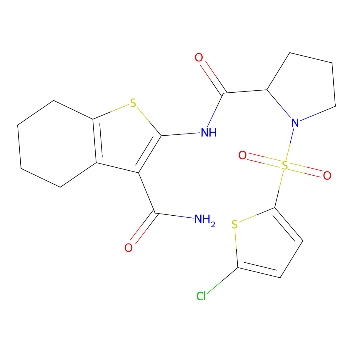 N-(3-carbamoyl-4,5,6,7-tetrahydrobenzo[b]thiophen-2-yl)-1-((5-chlorothiophen-2-yl)sulfonyl)pyrrolidine-2-carboxamide molecular structure, CAS 1101878-94-7