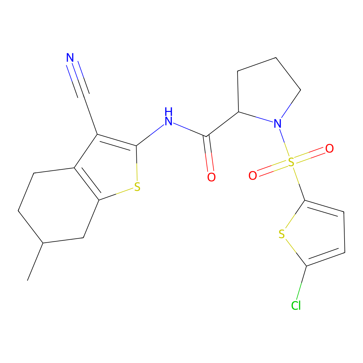 1-((5-chlorothiophen-2-yl)sulfonyl)-N-(3-cyano-6-methyl-4,5,6,7-tetrahydrobenzo[b]thiophen-2-yl)pyrrolidine-2-carboxamide molecular structure, CAS 1101878-99-2