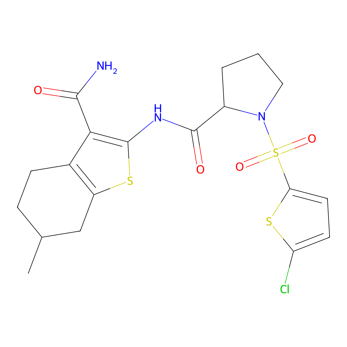 N-(3-carbamoyl-6-methyl-4,5,6,7-tetrahydrobenzo[b]thiophen-2-yl)-1-((5-chlorothiophen-2-yl)sulfonyl)pyrrolidine-2-carboxamide molecular structure, CAS 1101879-05-3