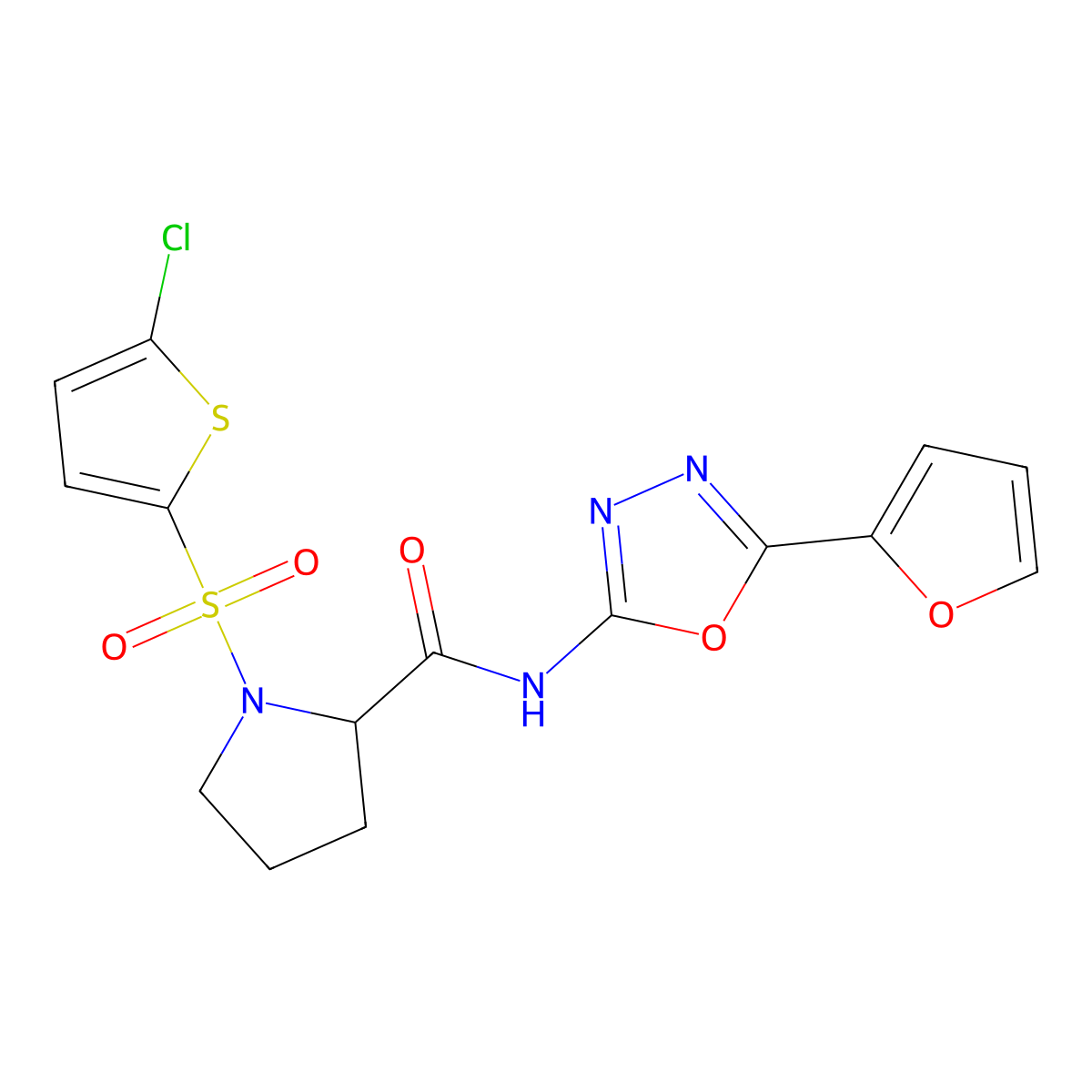 1-((5-chlorothiophen-2-yl)sulfonyl)-N-(5-(furan-2-yl)-1,3,4-oxadiazol-2-yl)pyrrolidine-2-carboxamide molecular structure, CAS 1101879-19-9
