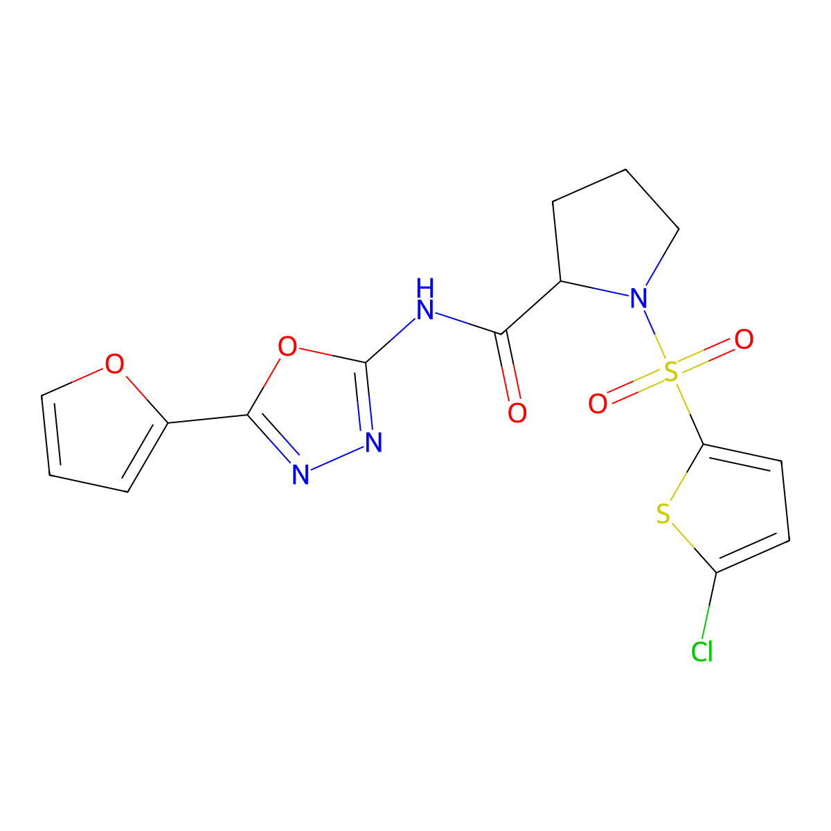 1-((5-chlorothiophen-2-yl)sulfonyl)-N-(5-(furan-2-yl)-1,3,4-oxadiazol-2-yl)pyrrolidine-2-carboxamide molecular structure, CAS 1101879-19-9