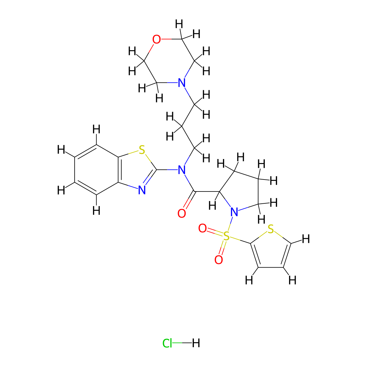 N-(benzo[d]thiazol-2-yl)-N-(3-morpholinopropyl)-1-(thiophen-2-ylsulfonyl)pyrrolidine-2-carboxamide hydrochloride molecular structure, CAS 1101879-20-2