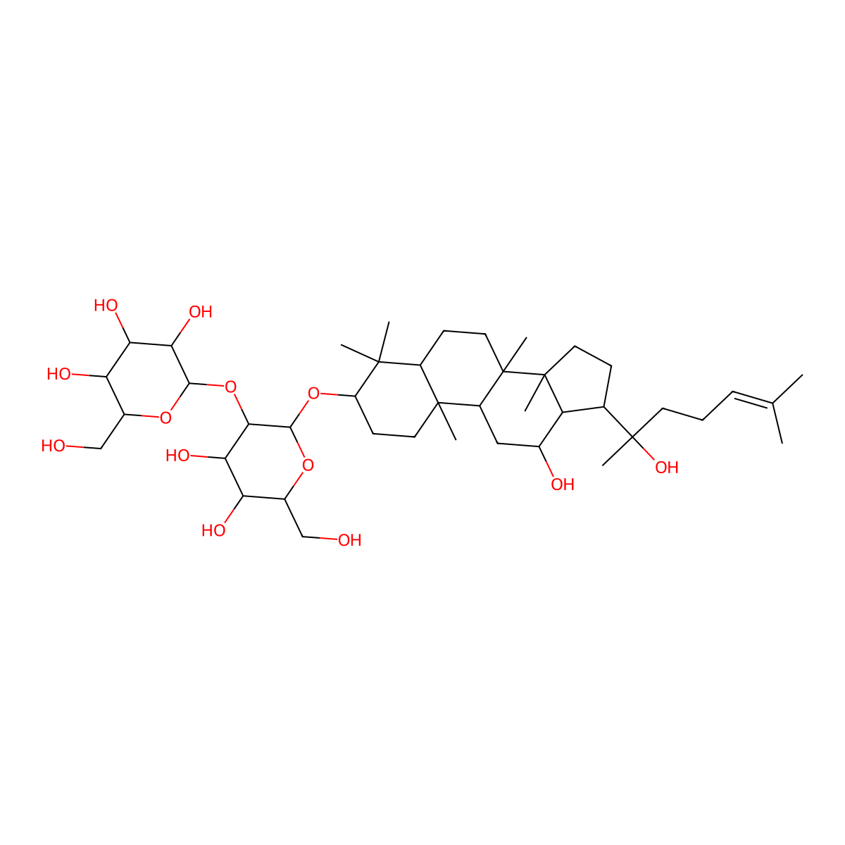 2-((4,5-dihydroxy-2-((12-hydroxy-17-(2-hydroxy-6-methylhept-5-en-2-yl)-4,4,8,10,14-pentamethylhexadecahydro-1H-cyclopenta(a)phenanthren-3-yl)oxy)-6-(hydroxymethyl)tetrahydro-2H-pyran-3-yl)oxy)-6-(hydroxymethyl)tetrahydro-2H-pyran-3,4,5-triol molecular structure, CAS 11019-45-7