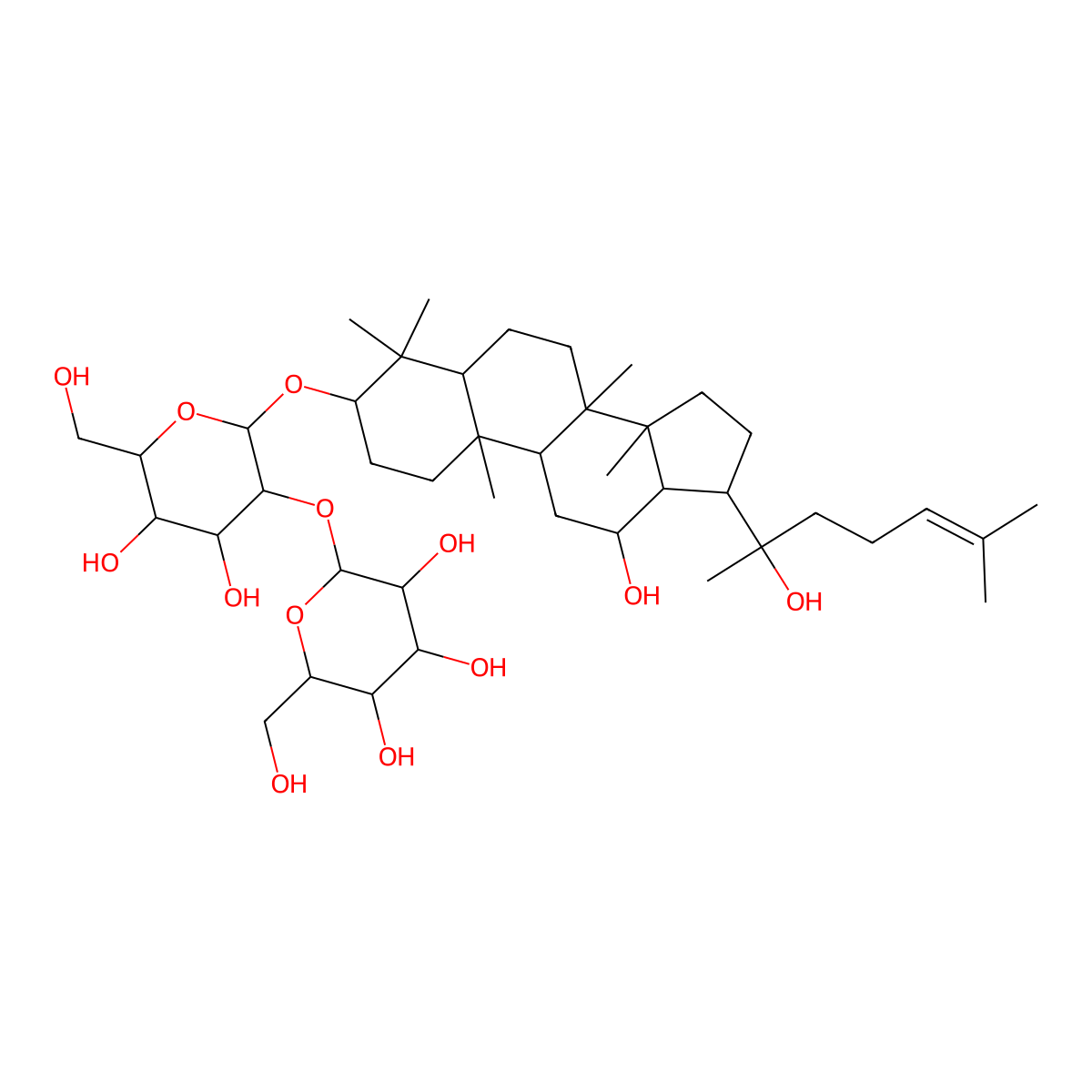 2-((4,5-dihydroxy-2-((12-hydroxy-17-(2-hydroxy-6-methylhept-5-en-2-yl)-4,4,8,10,14-pentamethylhexadecahydro-1H-cyclopenta(a)phenanthren-3-yl)oxy)-6-(hydroxymethyl)tetrahydro-2H-pyran-3-yl)oxy)-6-(hydroxymethyl)tetrahydro-2H-pyran-3,4,5-triol molecular structure, CAS 11019-45-7