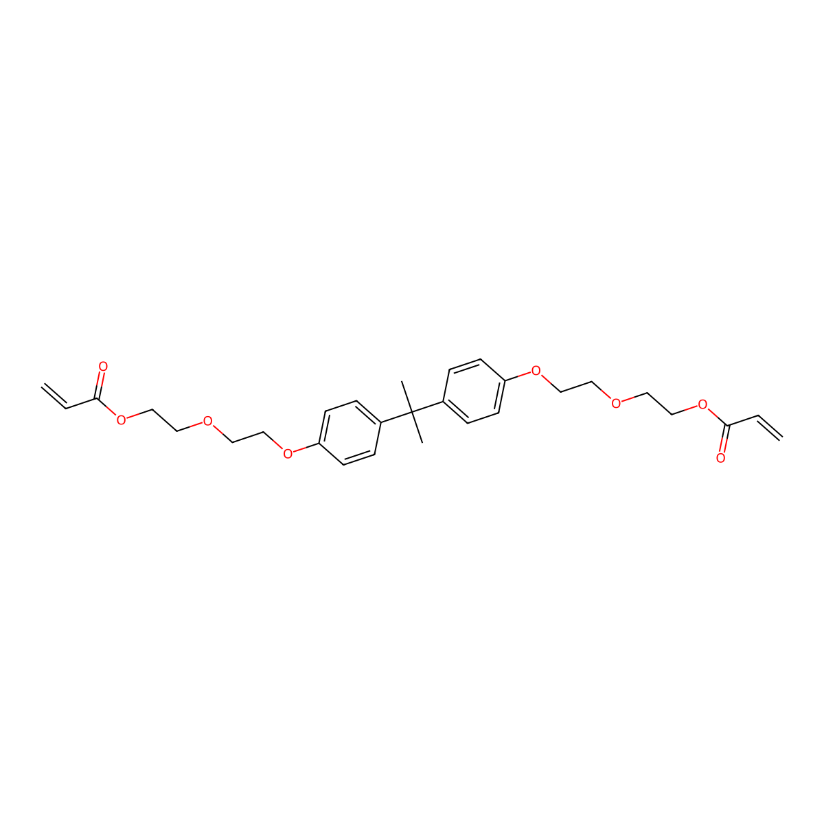 2-Propenoic acid, (1-methylethylidene)bis(4,1-phenyleneoxy-2,1-ethanediyloxy-2,1-ethanediyl) ester molecular structure, CAS 110199-80-9