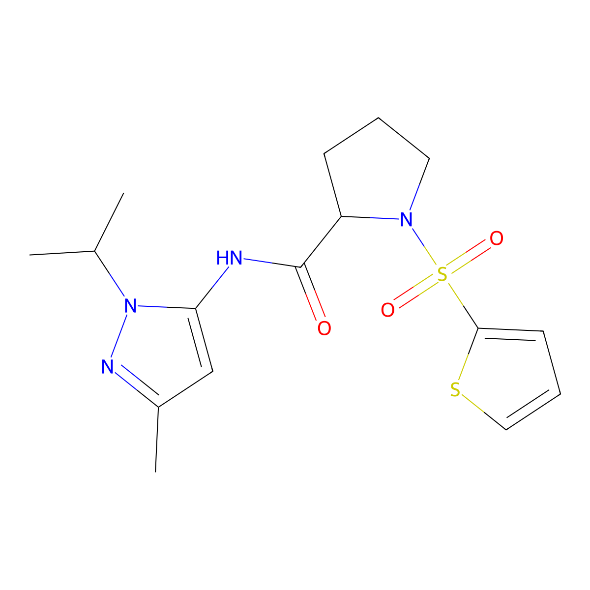N-(1-isopropyl-3-methyl-1H-pyrazol-5-yl)-1-(thiophen-2-ylsulfonyl)pyrrolidine-2-carboxamide molecular structure, CAS 1102854-17-0
