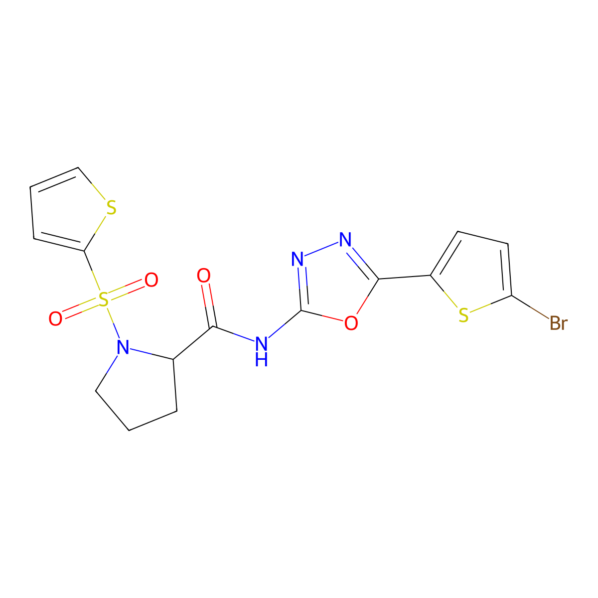 N-(5-(5-bromothiophen-2-yl)-1,3,4-oxadiazol-2-yl)-1-(thiophen-2-ylsulfonyl)pyrrolidine-2-carboxamide molecular structure, CAS 1102854-27-2