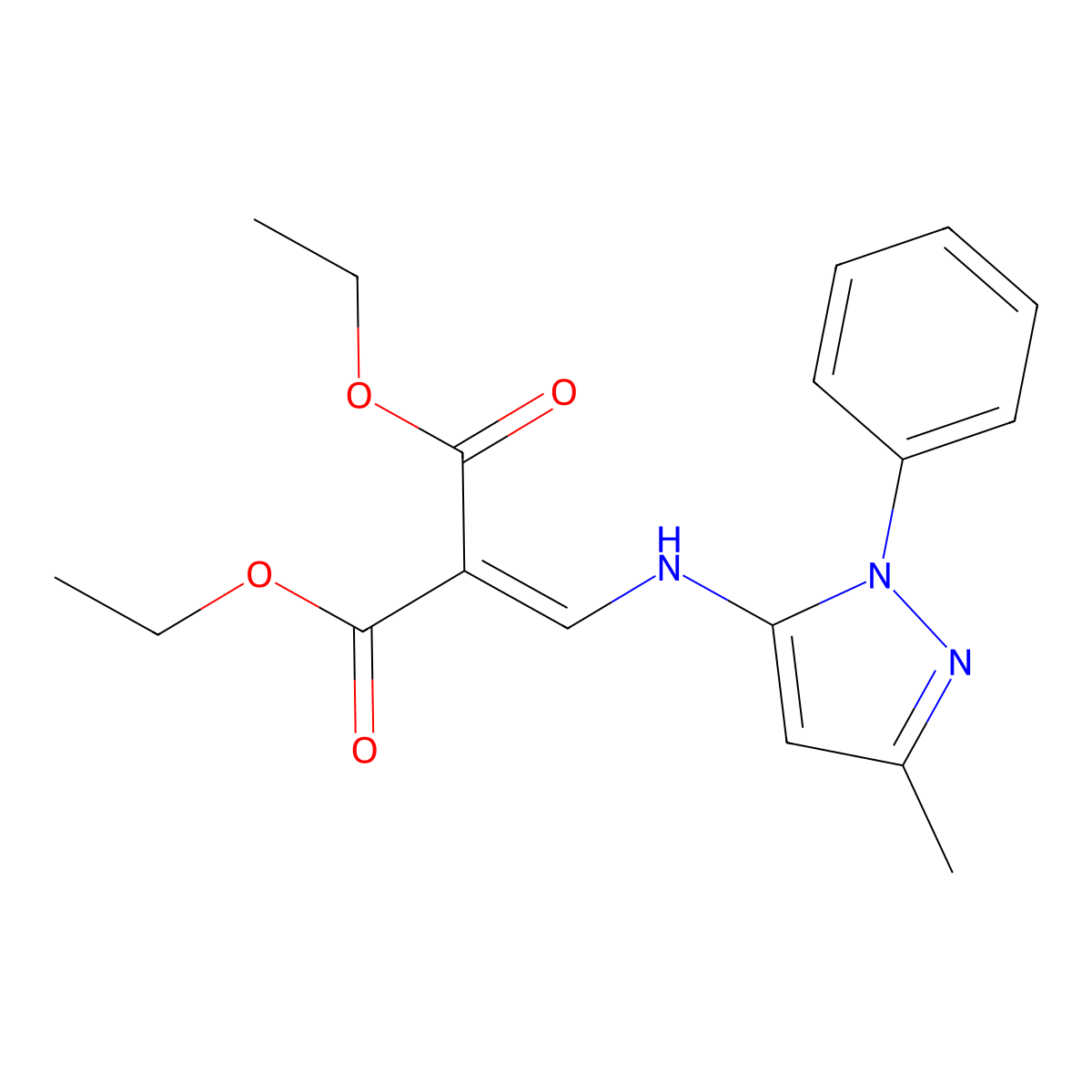 diethyl 2-(((3-methyl-1-phenyl-1H-pyrazol-5-yl)amino)methylene)malonate molecular structure, CAS 110299-41-7