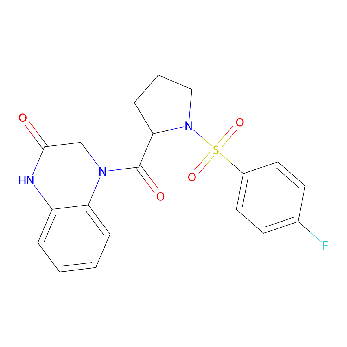 4-(1-((4-fluorophenyl)sulfonyl)pyrrolidine-2-carbonyl)-3,4-dihydroquinoxalin-2(1H)-one molecular structure, CAS 1103163-18-3