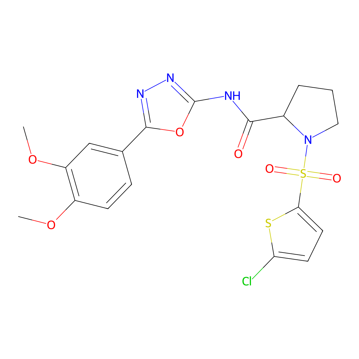 1-((5-chlorothiophen-2-yl)sulfonyl)-N-(5-(3,4-dimethoxyphenyl)-1,3,4-oxadiazol-2-yl)pyrrolidine-2-carboxamide molecular structure, CAS 1103236-67-4