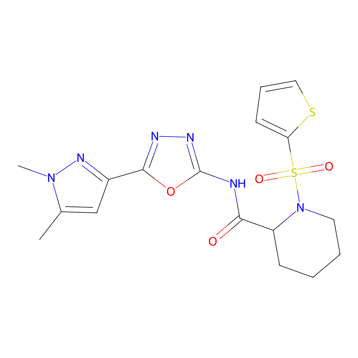 N-(5-(1,5-dimethyl-1H-pyrazol-3-yl)-1,3,4-oxadiazol-2-yl)-1-(thiophen-2-ylsulfonyl)piperidine-2-carboxamide molecular structure, CAS 1103263-72-4