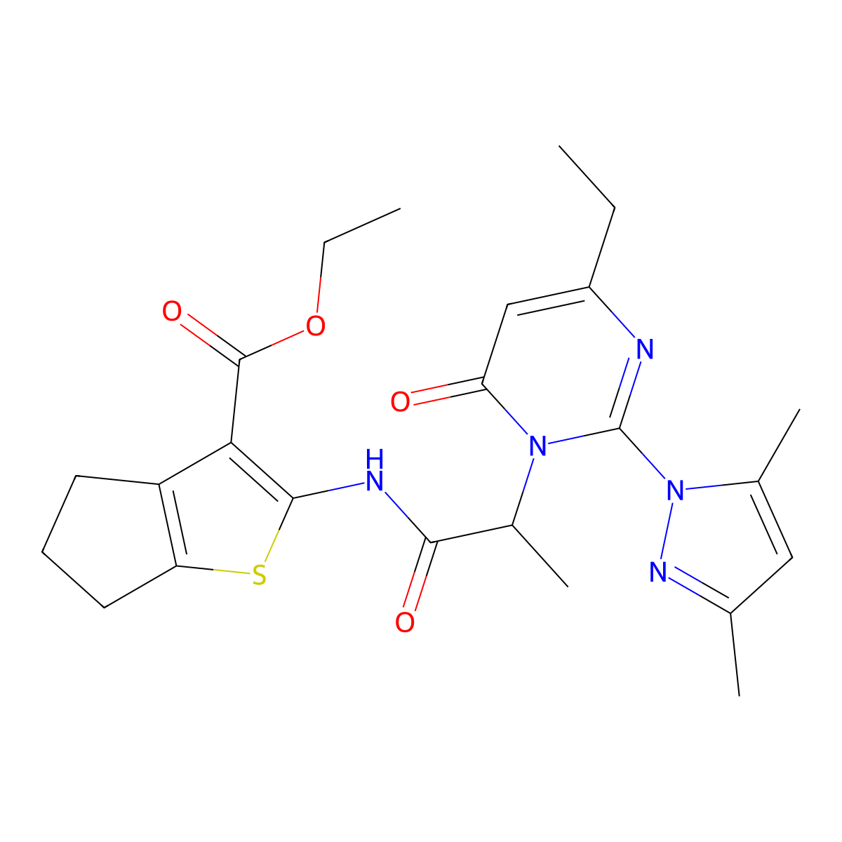 ethyl 2-(2-(2-(3,5-dimethyl-1H-pyrazol-1-yl)-4-ethyl-6-oxopyrimidin-1(6H)-yl)propanamido)-5,6-dihydro-4H-cyclopenta[b]thiophene-3-carboxylate molecular structure, CAS 1103296-14-5