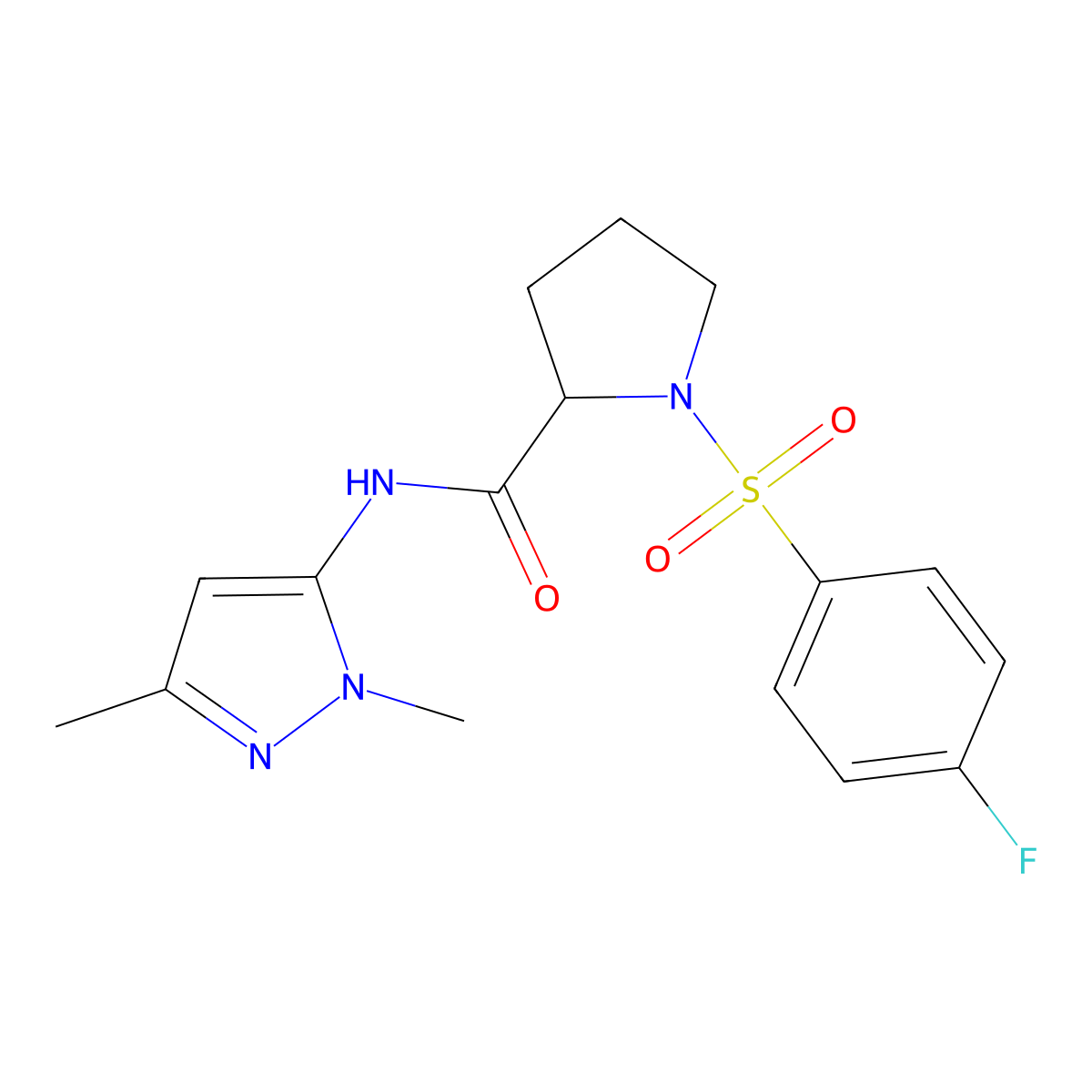 N-(1,3-dimethyl-1H-pyrazol-5-yl)-1-((4-fluorophenyl)sulfonyl)pyrrolidine-2-carboxamide molecular structure, CAS 1103335-59-6