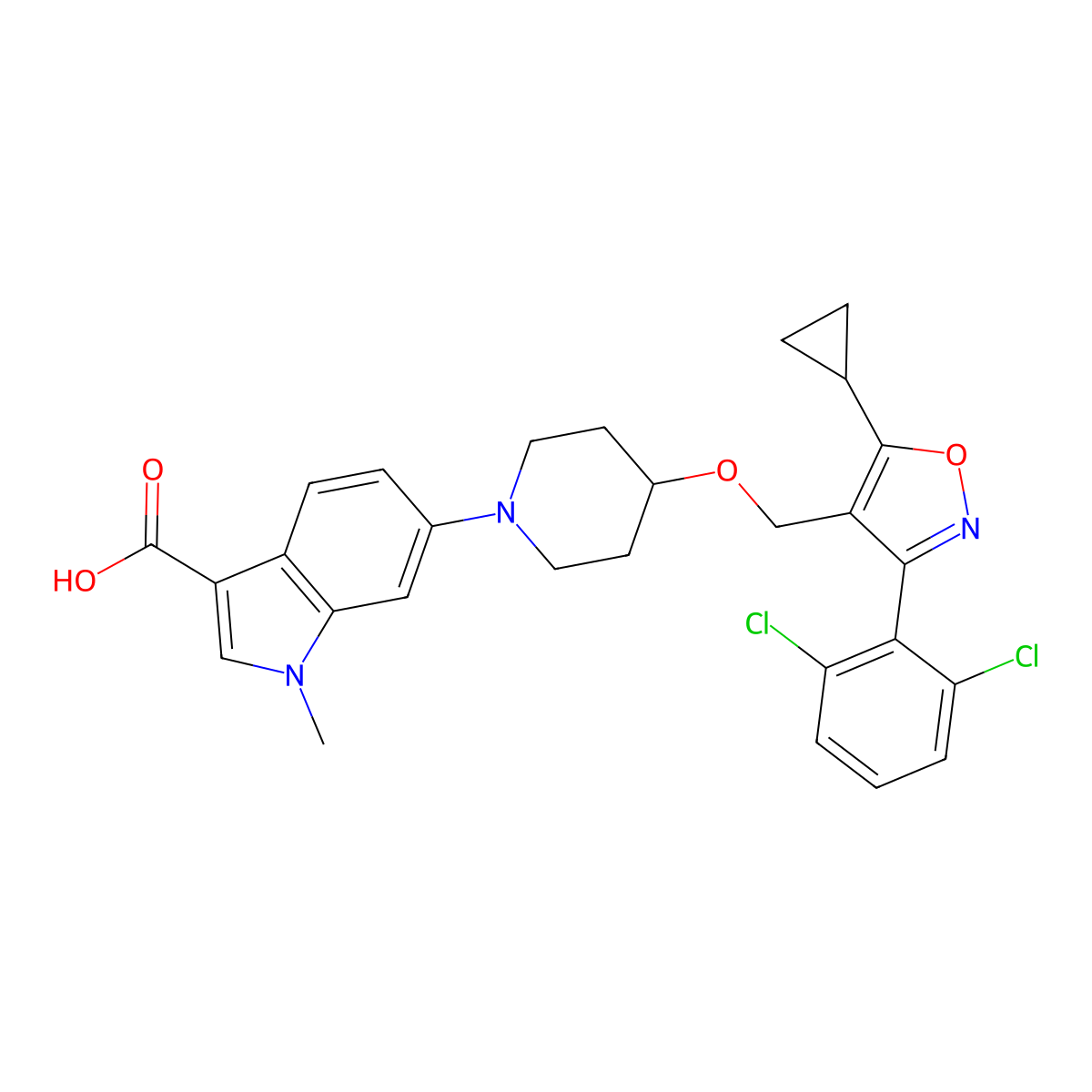 6-(4-((5-cyclopropyl-3-(2,6-dichlorophenyl)isoxazol-4-yl)methoxy)piperidin-1-yl)-1-methyl-1H-indole-3-carboxylic acid molecular structure, CAS 1103500-20-4