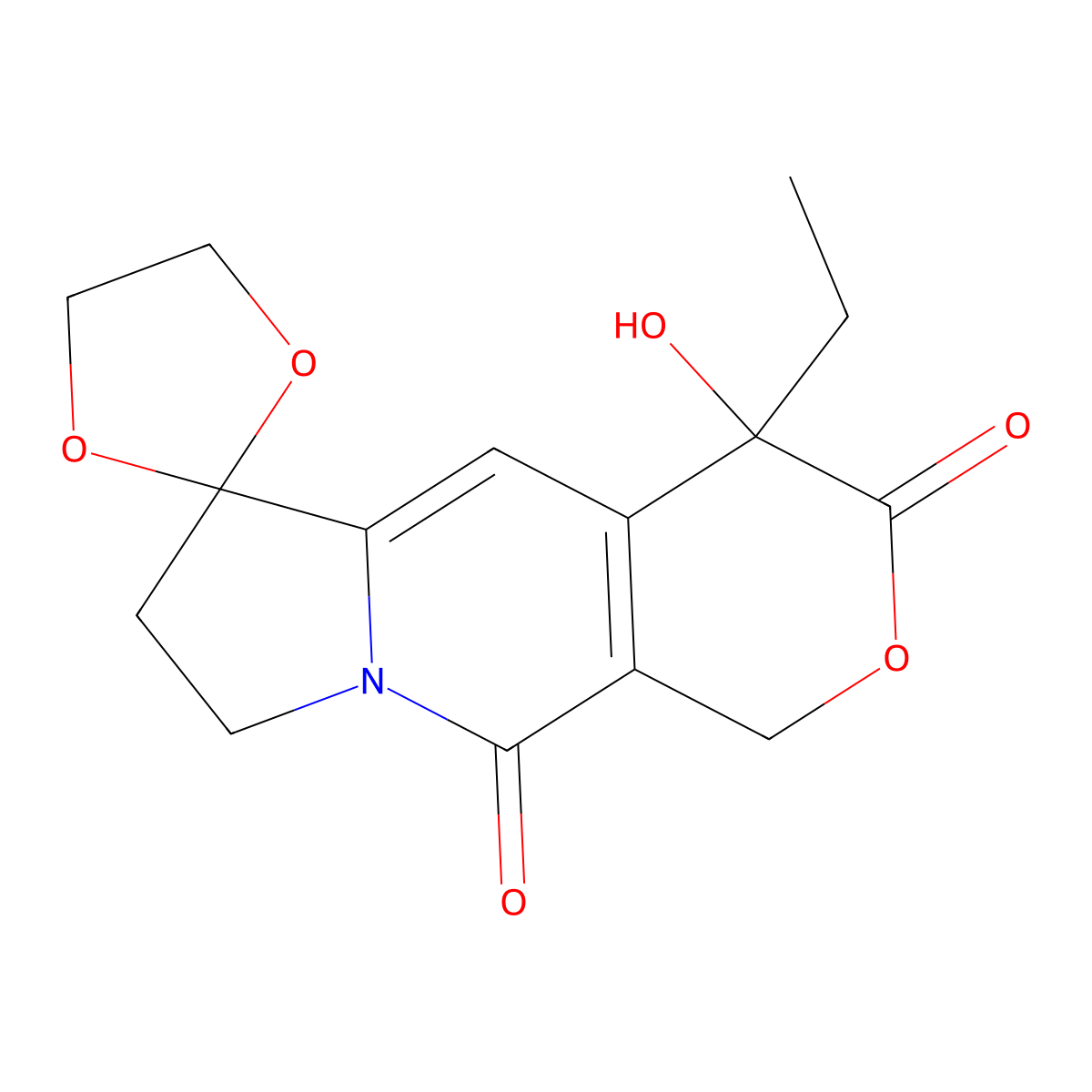 (R)-4-Ethyl-4-hydroxy-1,4,7,8-tetrahydro-3H,10H-spiro[pyrano[3,4-f]indolizine-6,2'-[1,3]dioxolane]-3,10-dione molecular structure, CAS 110351-90-1