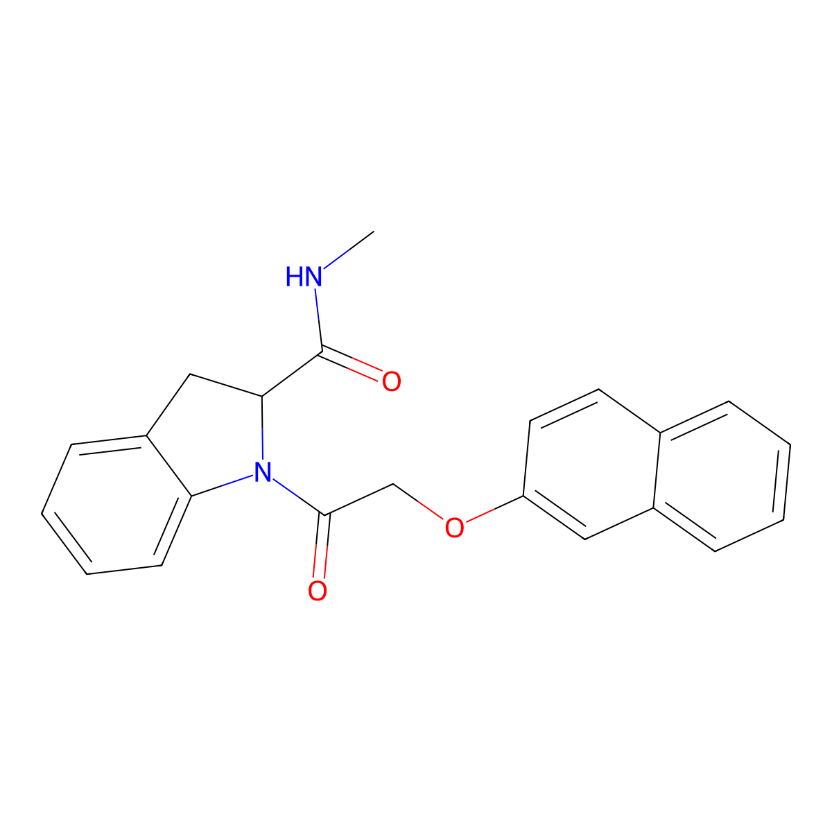 N-methyl-1-(2-(naphthalen-2-yloxy)acetyl)indoline-2-carboxamide molecular structure, CAS 1103514-35-7