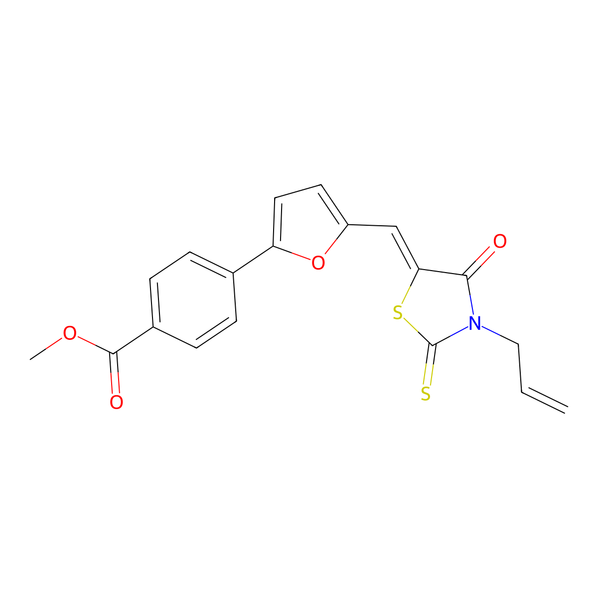 Methyl 4-[5-[(4-oxo-3-prop-2-enyl-2-sulfanylidene-1,3-thiazolidin-5-ylidene)methyl]furan-2-yl]benzoate molecular structure, CAS 1103723-24-5