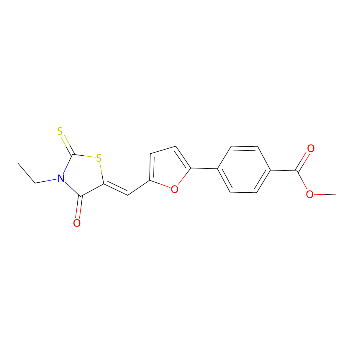 Methyl 4-[5-[(3-ethyl-4-oxo-2-sulfanylidene-1,3-thiazolidin-5-ylidene)methyl]furan-2-yl]benzoate molecular structure, CAS 1103723-33-6