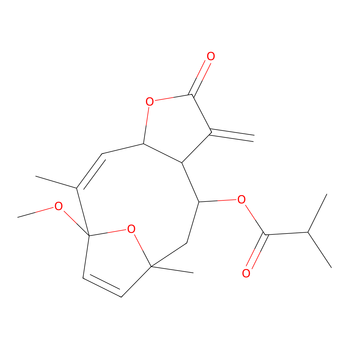 (1-Methoxy-2,11-dimethyl-7-methylidene-6-oxo-5,14-dioxatricyclo[9.2.1.04,8]tetradeca-2,12-dien-9-yl) 2-methylpropanoate molecular structure, CAS 110382-37-1