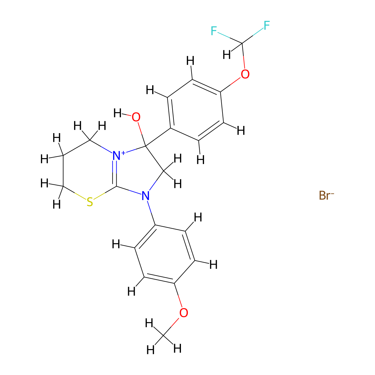 3-(4-(difluoromethoxy)phenyl)-3-hydroxy-1-(4-methoxyphenyl)-3,5,6,7-tetrahydro-2H-imidazo[2,1-b][1,3]thiazin-1-ium bromide molecular structure, CAS 1103937-80-9