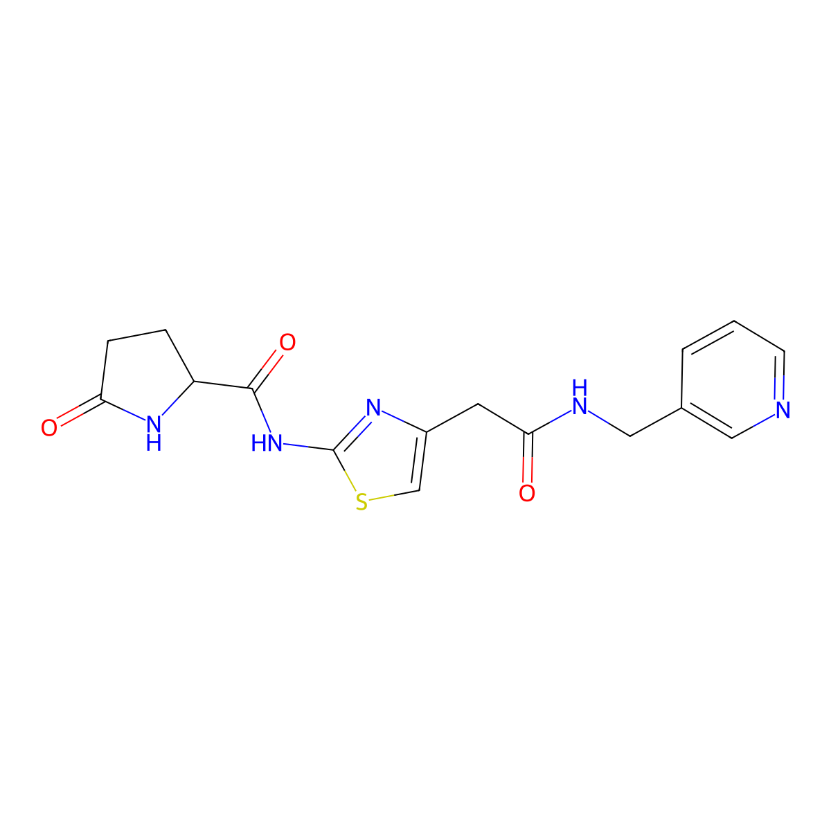 5-oxo-N-(4-(2-oxo-2-((pyridin-3-ylmethyl)amino)ethyl)thiazol-2-yl)pyrrolidine-2-carboxamide molecular structure, CAS 1103993-97-0
