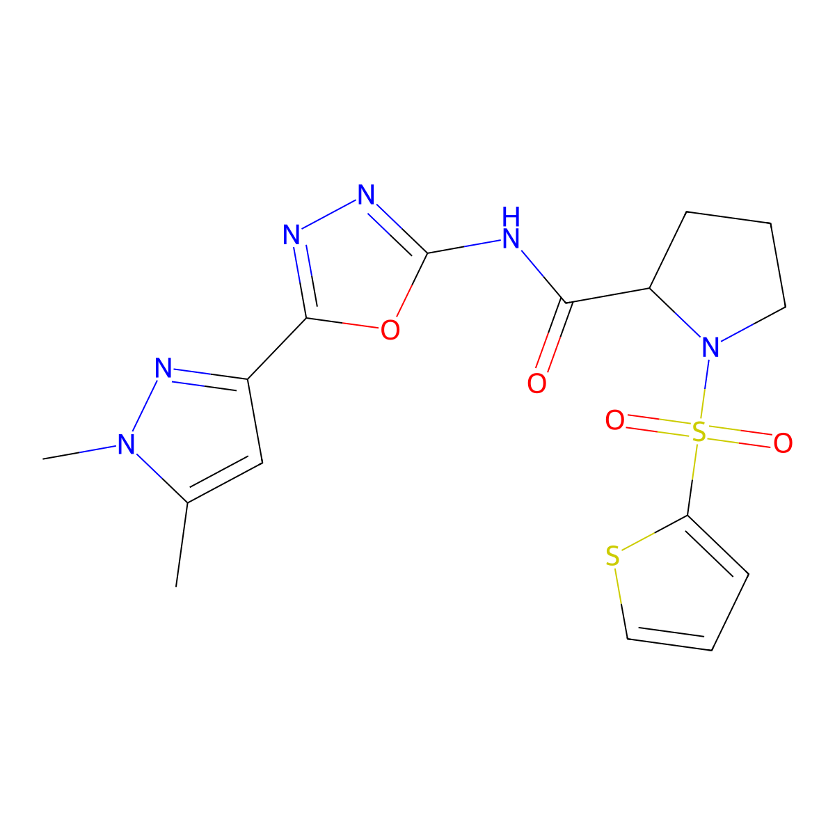 N-(5-(1,5-dimethyl-1H-pyrazol-3-yl)-1,3,4-oxadiazol-2-yl)-1-(thiophen-2-ylsulfonyl)pyrrolidine-2-carboxamide molecular structure, CAS 1104052-29-0