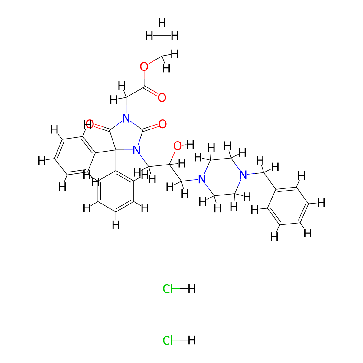 1-Imidazolidineacetic acid, 2,5-dioxo-4,4-diphenyl-3-(2-hydroxy-3-(4-(phenylmethyl)-1-piperazinyl)propyl)-, ethyl ester, dihydrochloride molecular structure, CAS 110427-52-6