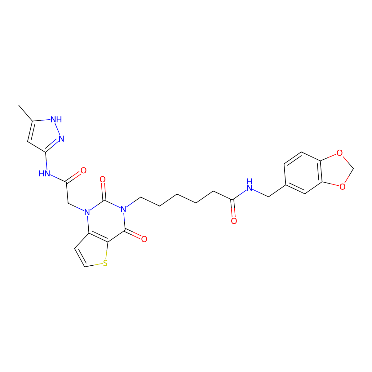 N-[(2H-1,3-benzodioxol-5-yl)methyl]-6-(1-{[(3-methyl-1H-pyrazol-5-yl)carbamoyl]methyl}-2,4-dioxo-1H,2H,3H,4H-thieno[3,2-d]pyrimidin-3-yl)hexanamide molecular structure, CAS 1104400-62-5