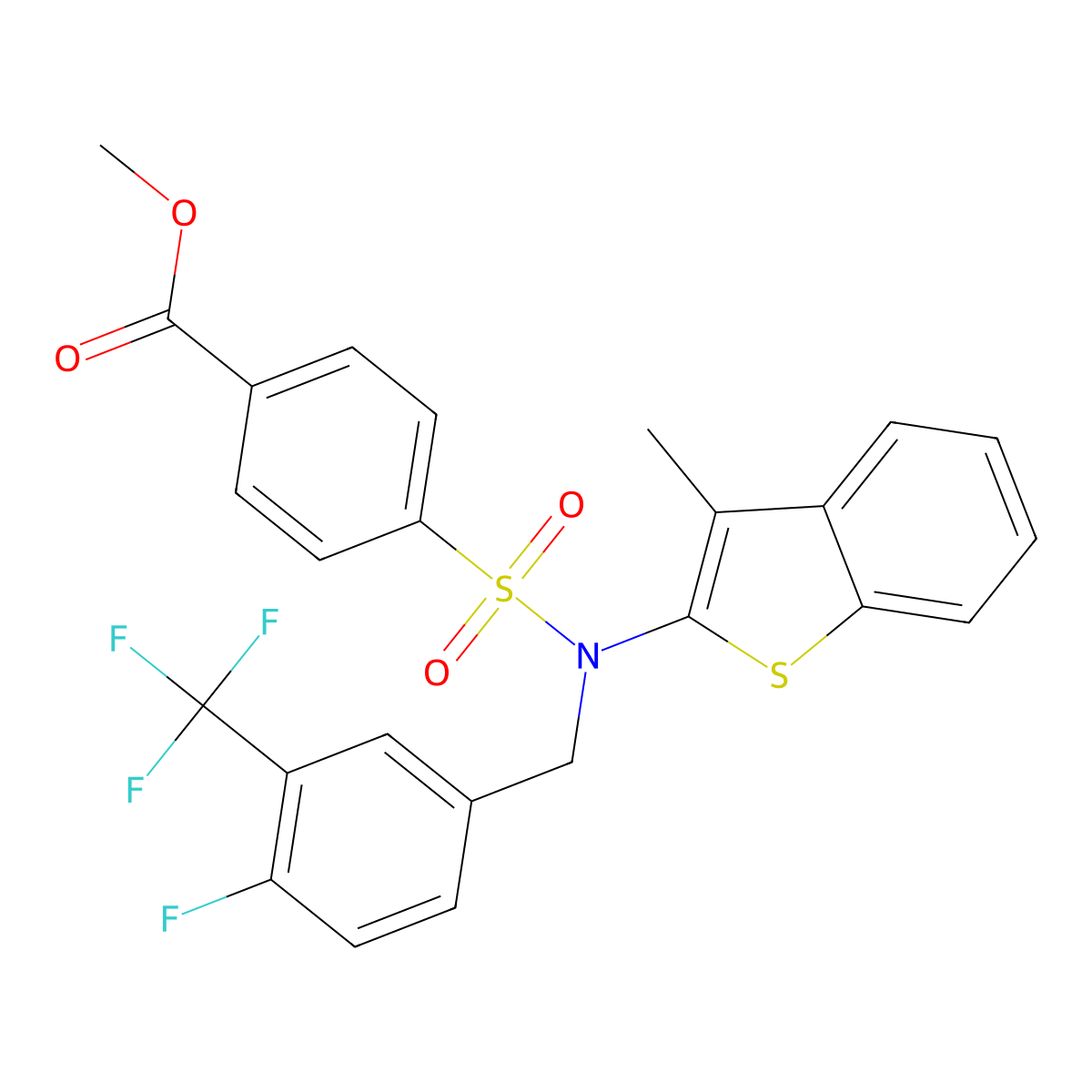 Methyl 4-({[4-fluoro-3-(trifluoromethyl)phenyl]methyl}(3-methyl-1-benzothiophen-2-yl)sulfamoyl)benzoate molecular structure, CAS 1104623-15-5