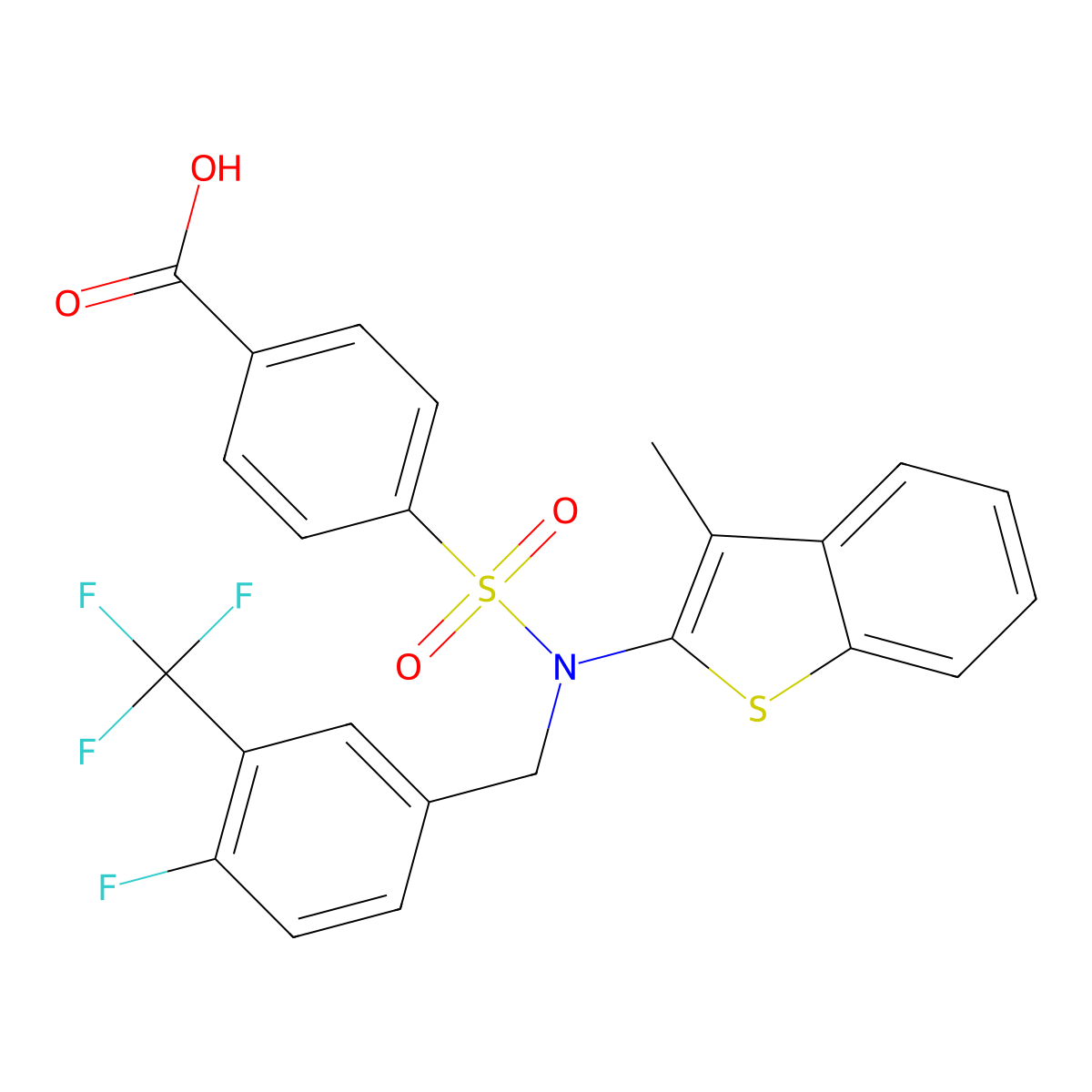 4-({[4-Fluoro-3-(trifluoromethyl)phenyl]methyl}(3-methyl-1-benzothiophen-2-yl)sulfamoyl)benzoic acid molecular structure, CAS 1104625-59-3