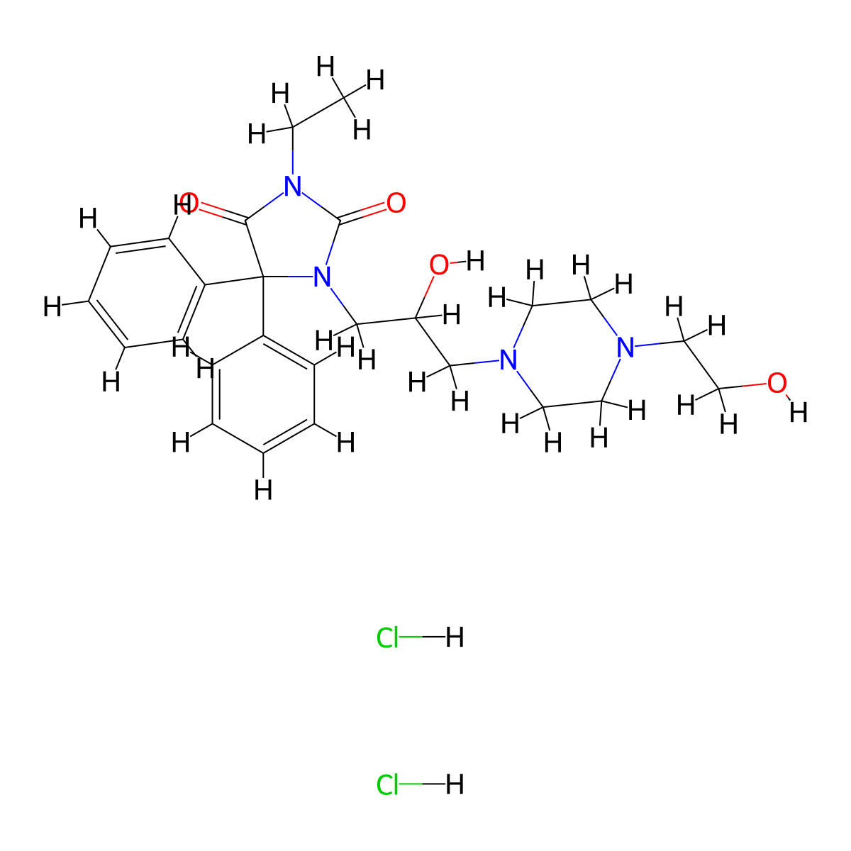 2,4-Imidazolidinedione, 5,5-diphenyl-3-ethyl-1-(2-hydroxy-3-(4-(2-hydroxyethyl)-1-piperazinyl)propyl)-, dihydrochloride, hydrate molecular structure, CAS 110465-03-7