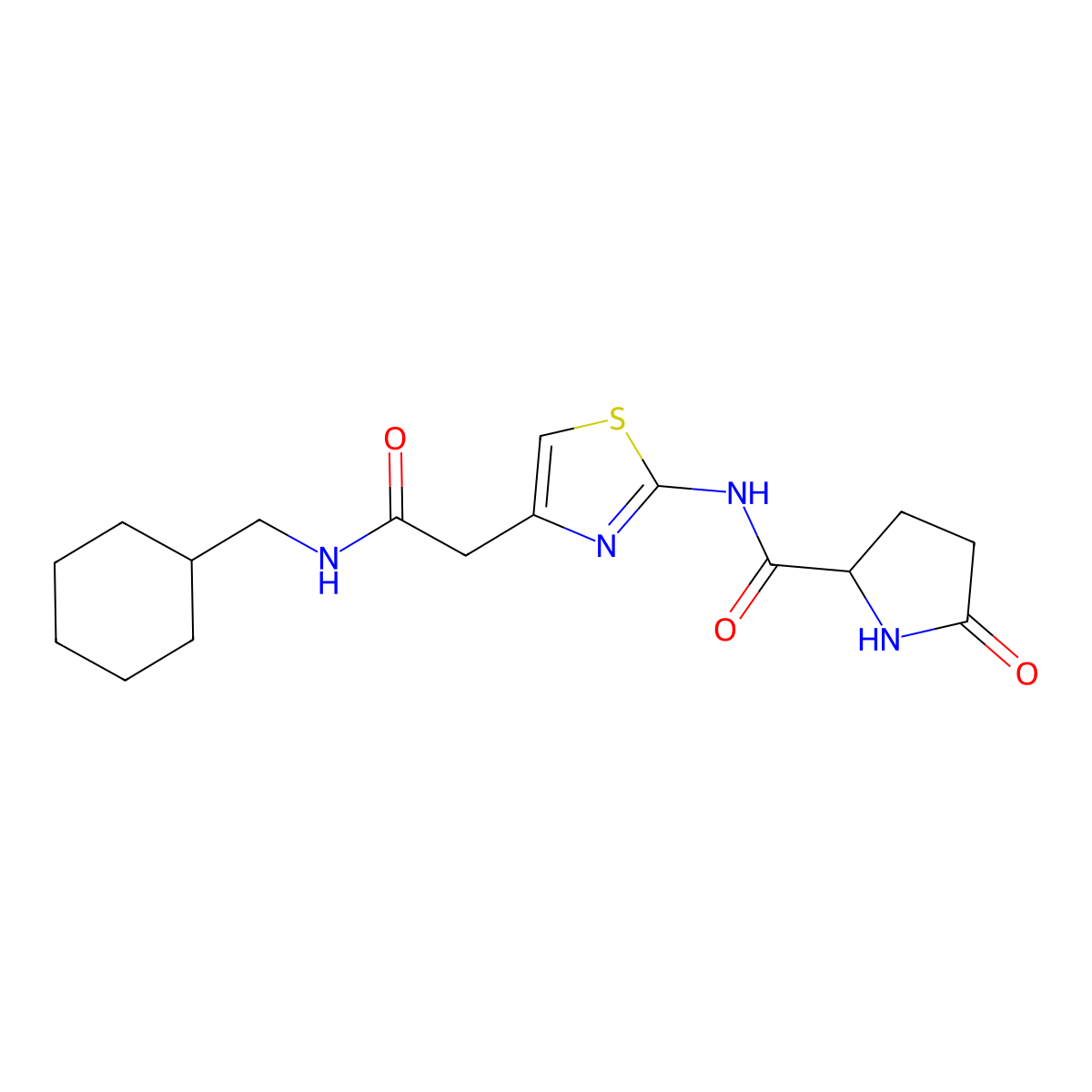 N-(4-(2-((cyclohexylmethyl)amino)-2-oxoethyl)thiazol-2-yl)-5-oxopyrrolidine-2-carboxamide molecular structure, CAS 1104729-18-1