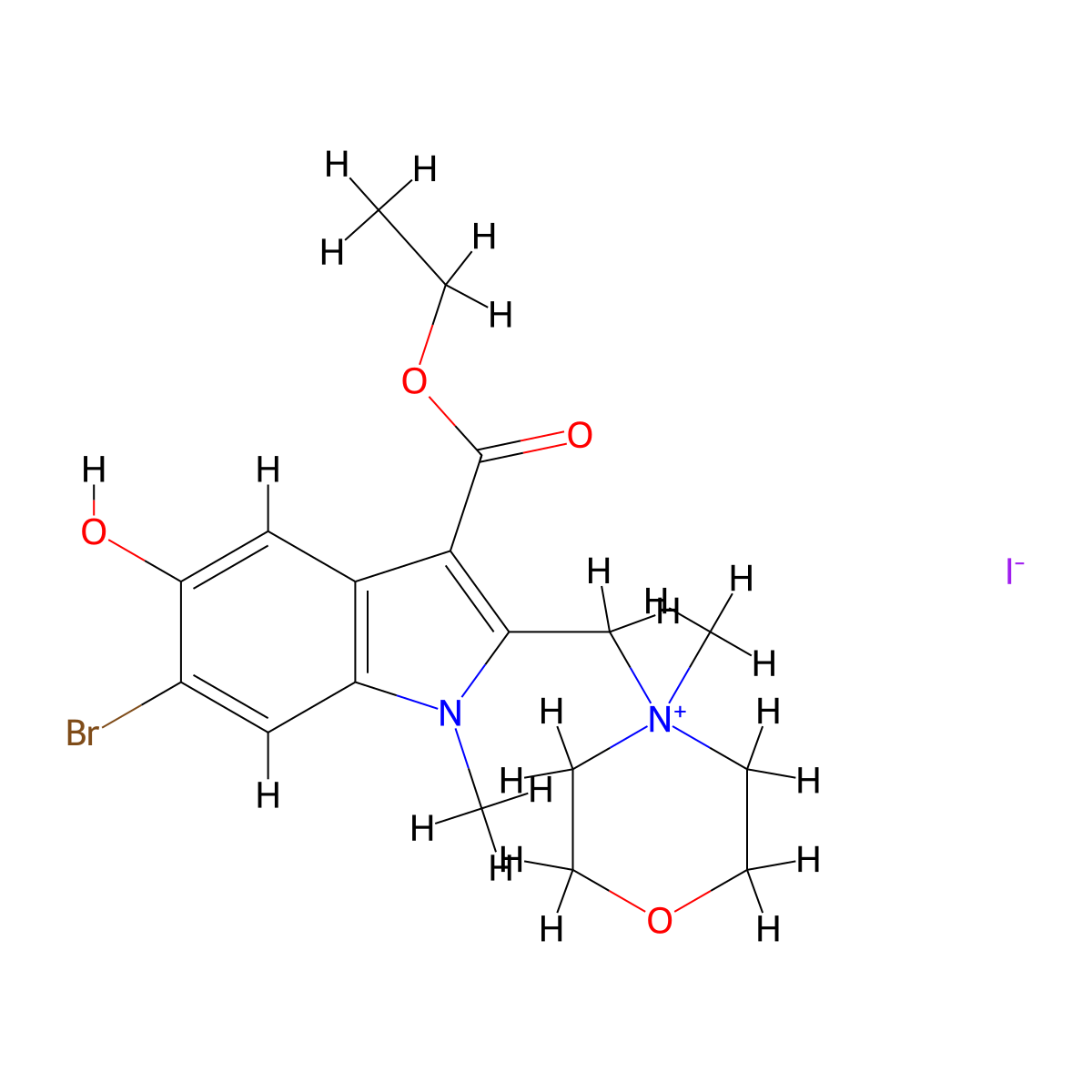 4-((6-bromo-3-(ethoxycarbonyl)-5-hydroxy-1-methyl-1H-indol-2-yl)methyl)-4-methylmorpholin-4-ium iodide molecular structure, CAS 1104732-15-1