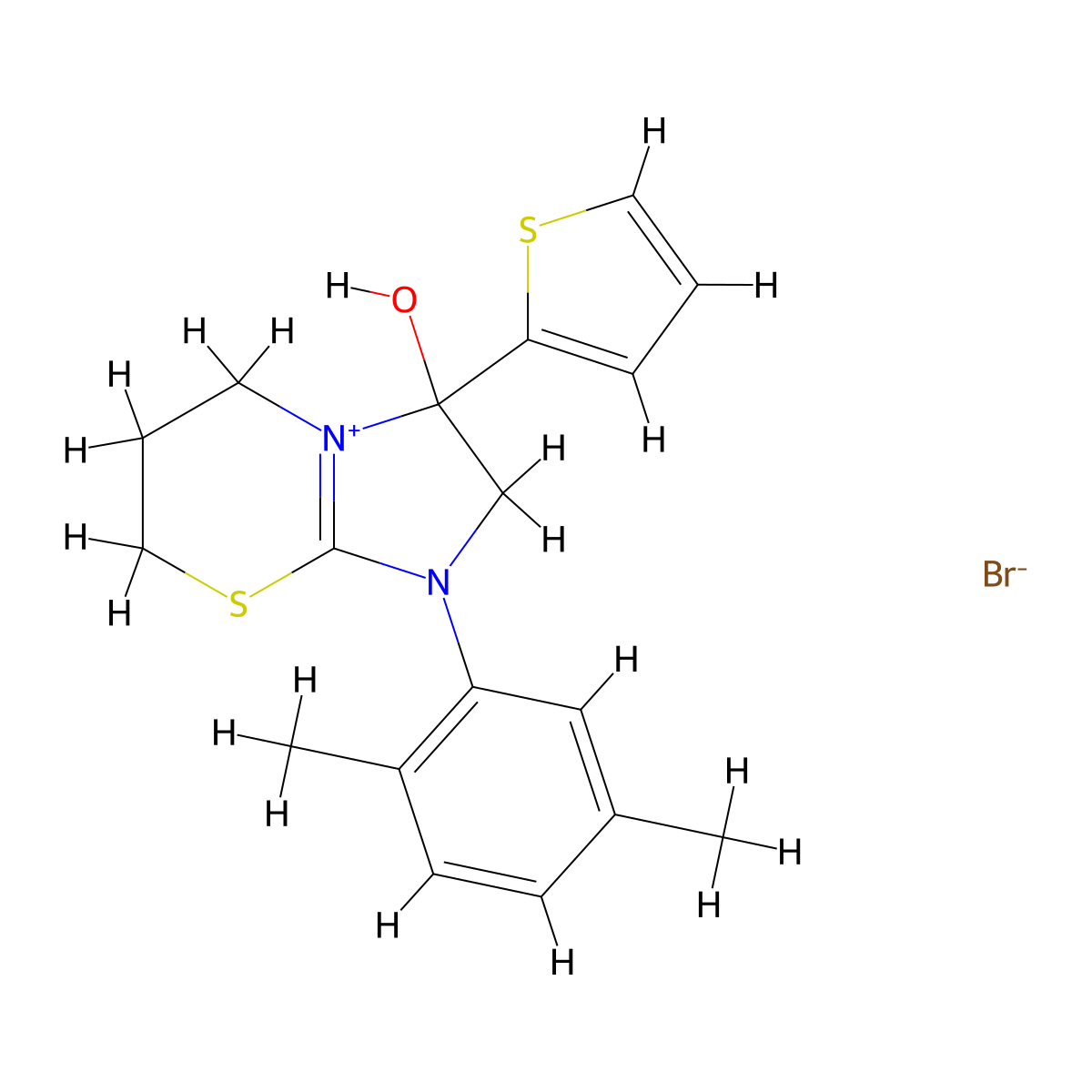1-(2,5-dimethylphenyl)-3-hydroxy-3-(thiophen-2-yl)-3,5,6,7-tetrahydro-2H-imidazo[2,1-b][1,3]thiazin-1-ium bromide molecular structure, CAS 1104733-75-6