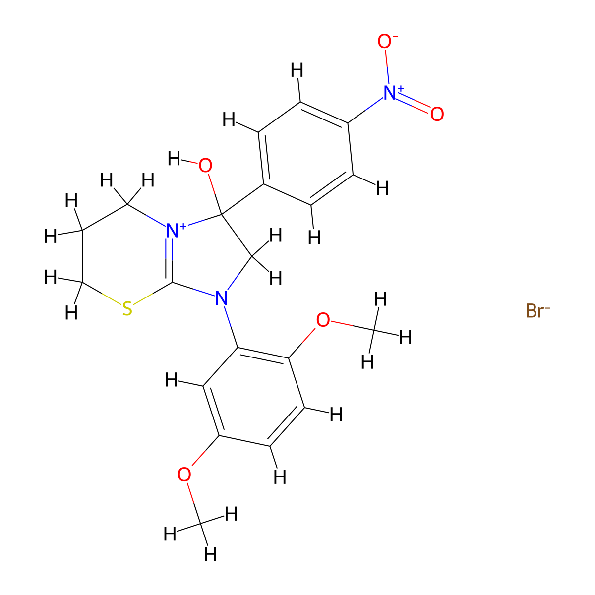 1-(2,5-dimethoxyphenyl)-3-hydroxy-3-(4-nitrophenyl)-3,5,6,7-tetrahydro-2H-imidazo[2,1-b][1,3]thiazin-1-ium bromide molecular structure, CAS 1104734-06-6