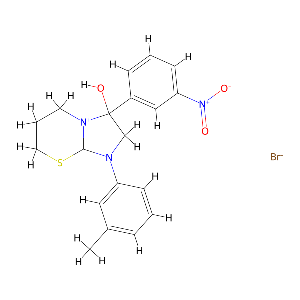 3-hydroxy-3-(3-nitrophenyl)-1-(m-tolyl)-3,5,6,7-tetrahydro-2H-imidazo[2,1-b][1,3]thiazin-1-ium bromide molecular structure, CAS 1104734-40-8