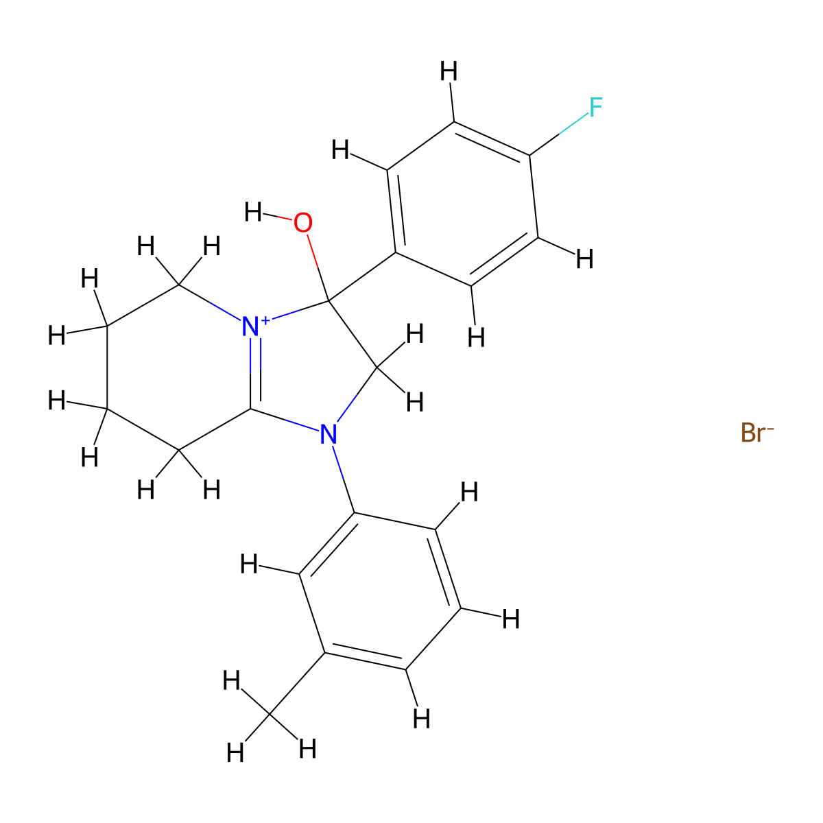 3-(4-Fluorophenyl)-3-hydroxy-1-(m-tolyl)-2,3,5,6,7,8-hexahydroimidazo[1,2-a]pyridin-1-ium bromide molecular structure, CAS 1104738-06-8