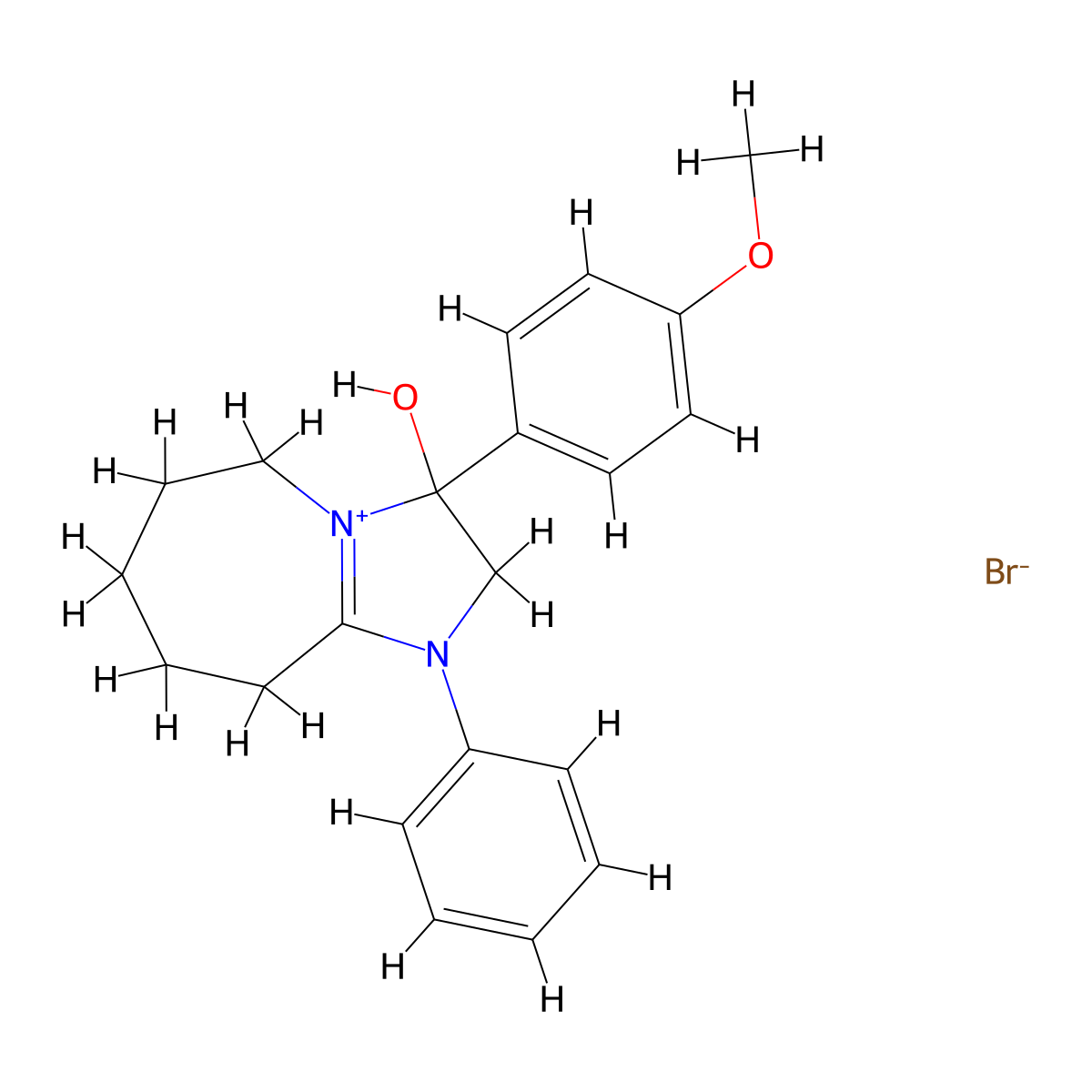 3-hydroxy-3-(4-methoxyphenyl)-1-phenyl-3,5,6,7,8,9-hexahydro-2H-imidazo[1,2-a]azepin-1-ium bromide molecular structure, CAS 1104738-07-9