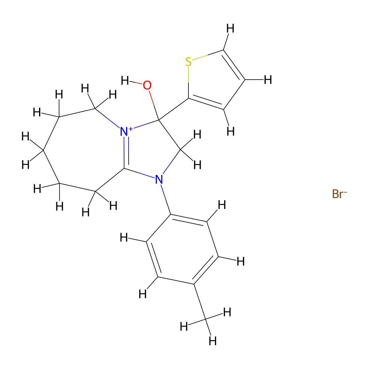3-hydroxy-3-(thiophen-2-yl)-1-(p-tolyl)-3,5,6,7,8,9-hexahydro-2H-imidazo[1,2-a]azepin-1-ium bromide molecular structure, CAS 1104738-10-4