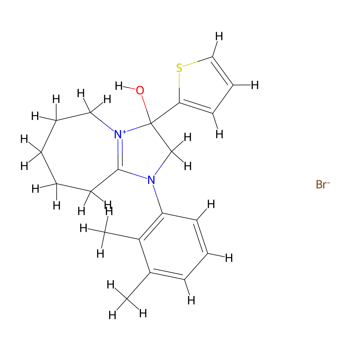 1-(2,3-dimethylphenyl)-3-hydroxy-3-(thiophen-2-yl)-3,5,6,7,8,9-hexahydro-2H-imidazo[1,2-a]azepin-1-ium bromide molecular structure, CAS 1104738-12-6