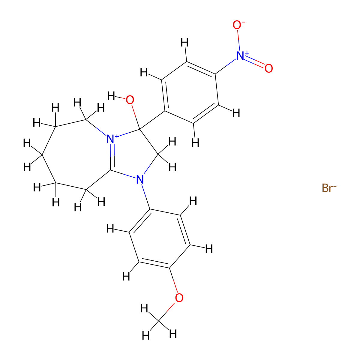 3-hydroxy-1-(4-methoxyphenyl)-3-(4-nitrophenyl)-3,5,6,7,8,9-hexahydro-2H-imidazo[1,2-a]azepin-1-ium bromide molecular structure, CAS 1104770-64-0