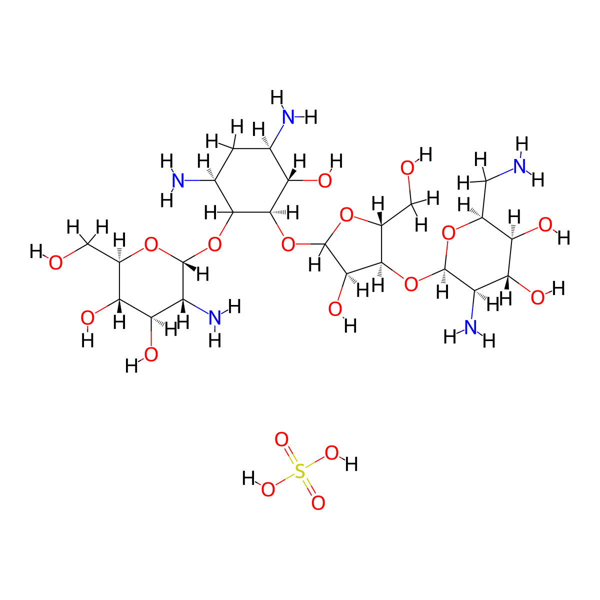 Sulfuric acid--4,6-diamino-2-{[3-O-(2,6-diamino-2,6-dideoxyhexopyranosyl)pentofuranosyl]oxy}-3-hydroxycyclohexyl 2-amino-2-deoxyhexopyranoside (1/1) molecular structure, CAS 11048-06-9