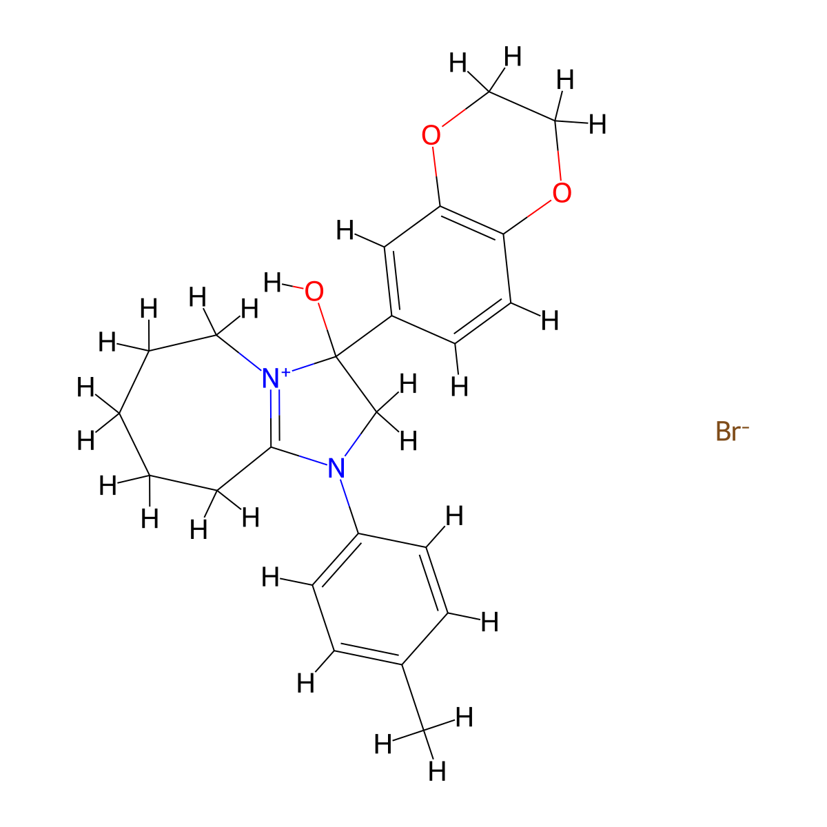 3-(2,3-dihydrobenzo[b][1,4]dioxin-6-yl)-3-hydroxy-1-(p-tolyl)-3,5,6,7,8,9-hexahydro-2H-imidazo[1,2-a]azepin-1-ium bromide molecular structure, CAS 1104811-30-4
