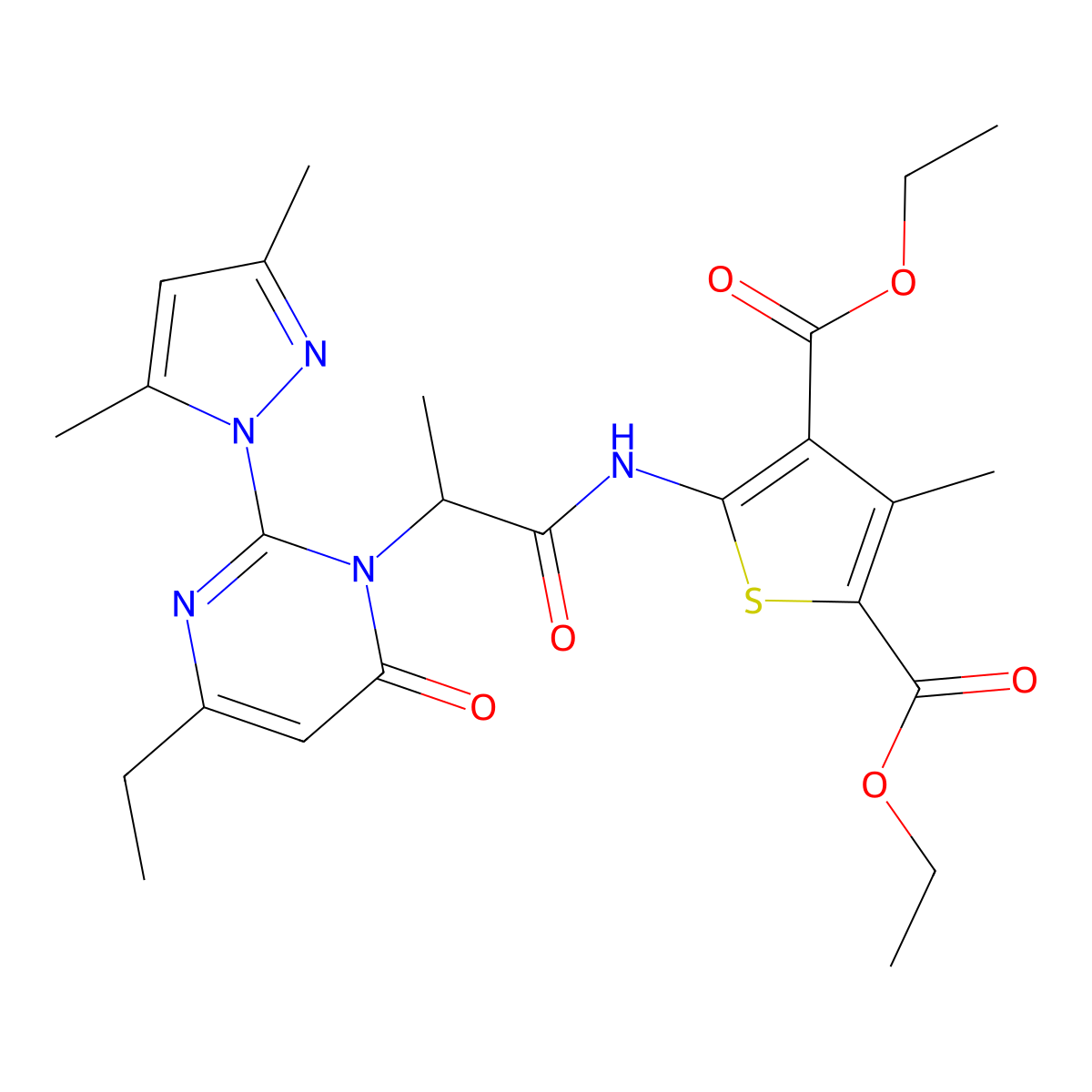 diethyl 5-(2-(2-(3,5-dimethyl-1H-pyrazol-1-yl)-4-ethyl-6-oxopyrimidin-1(6H)-yl)propanamido)-3-methylthiophene-2,4-dicarboxylate molecular structure, CAS 1104906-21-9